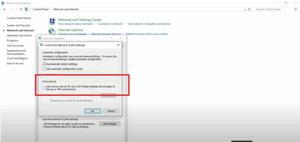 Check Proxy Settings in Control Panel