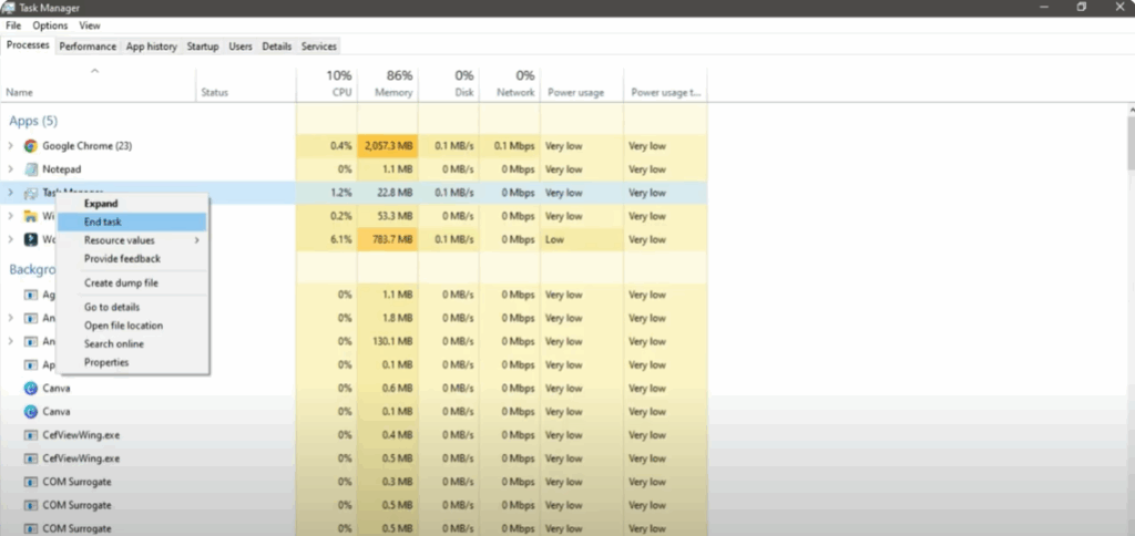 Check Running Apps in Task Manager