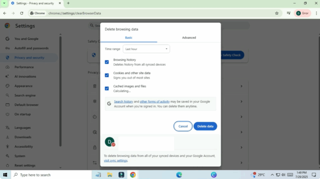 Clear Browser Cache and Cookies
