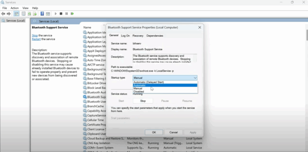 Enable Bluetooth Support Service