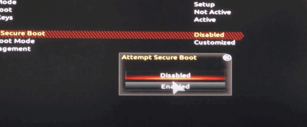 Enable Secure Boot and UEFI in BIOS