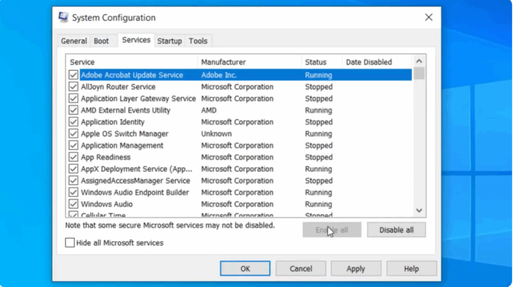 Enable Services via System Configuration