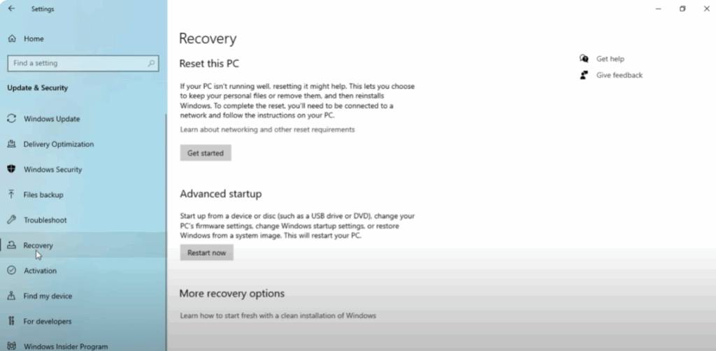 Navigate to Recovery Options
