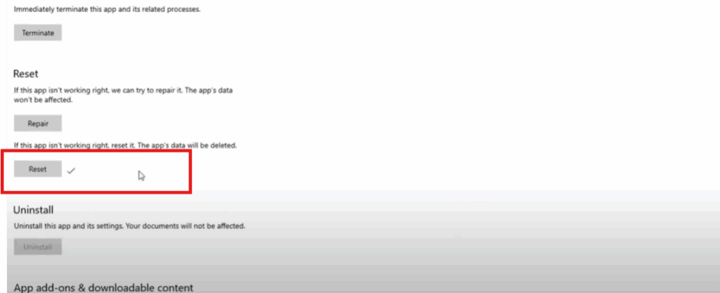 Reset Microsoft Store via Settings