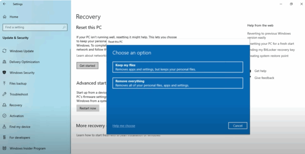 Start the Reset Process