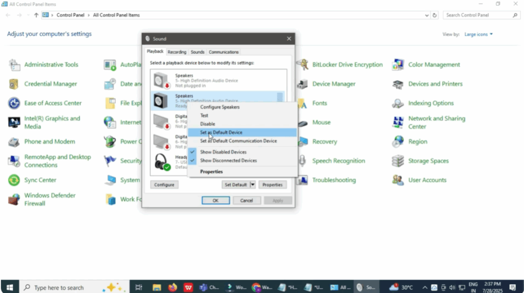 Adjust Sound Settings in Control Panel
