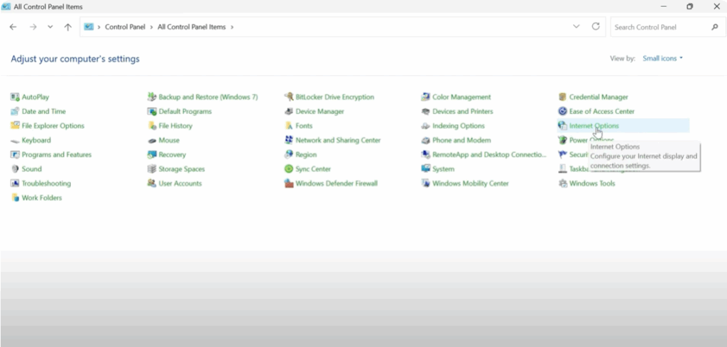 Click on Internet Options