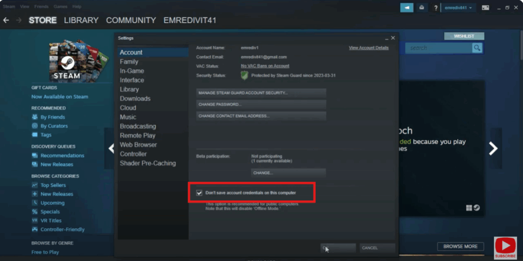 Don’t save account credentials on this computer