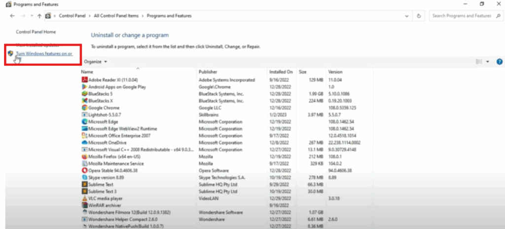 Go Back to Programs and Features