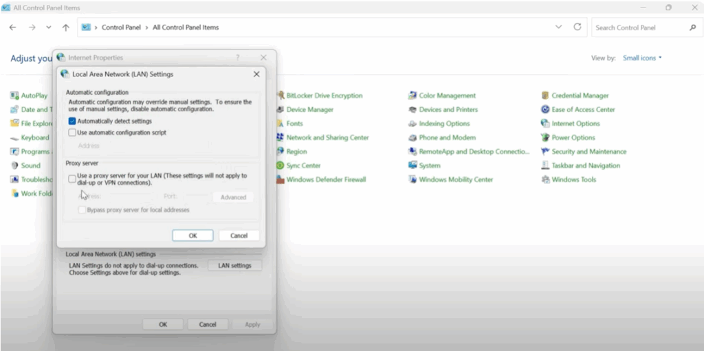 Make sure that Use a proxy server for your LAN is unchecked