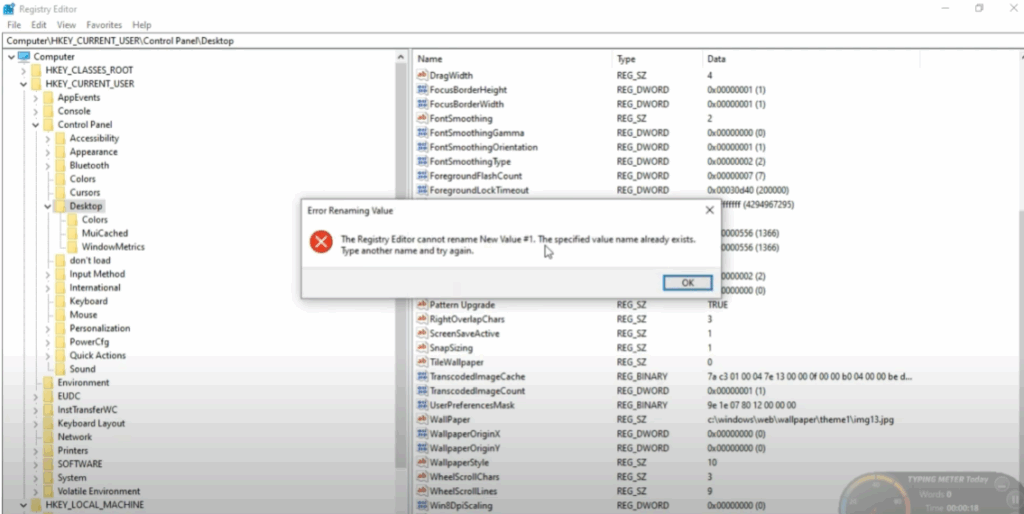 Registry Editor cannot rename