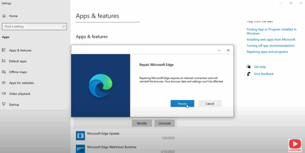 Repair or Reinstall Edge via Settings