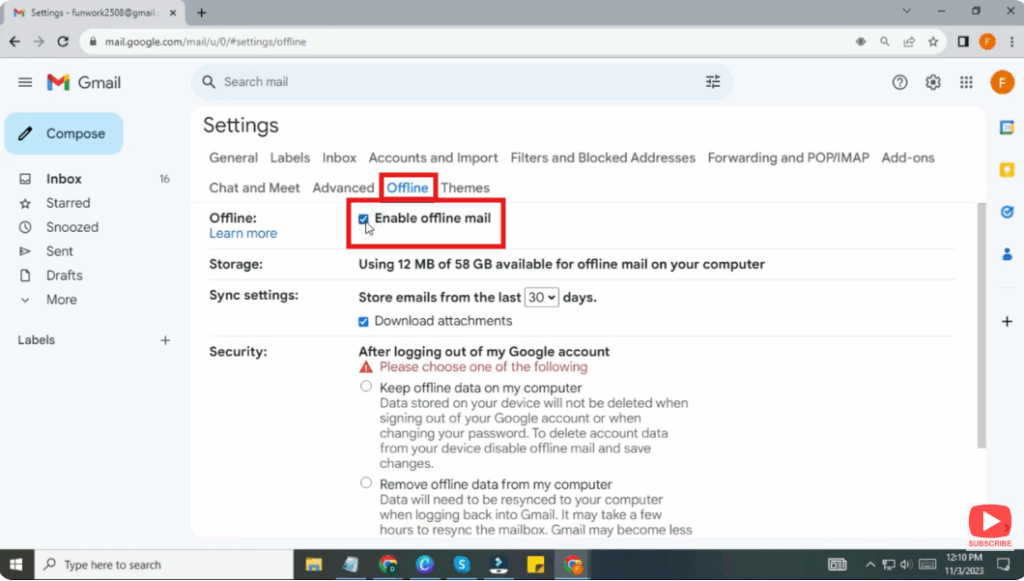Enable offline mail