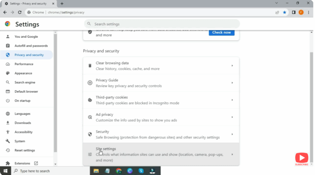 Scroll down the screen and you will see the Site Settings