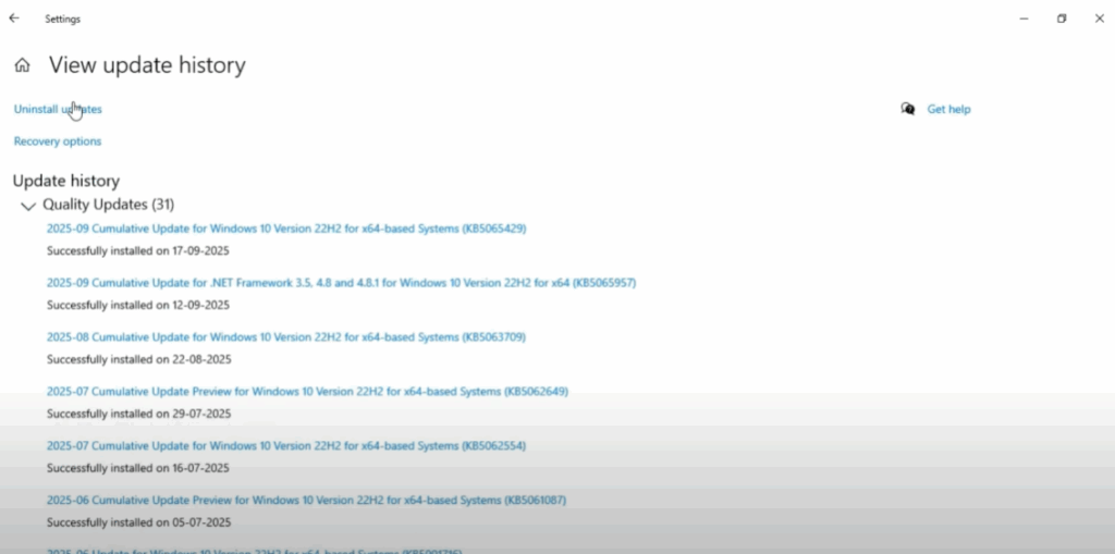 Uninstall Recent Updates