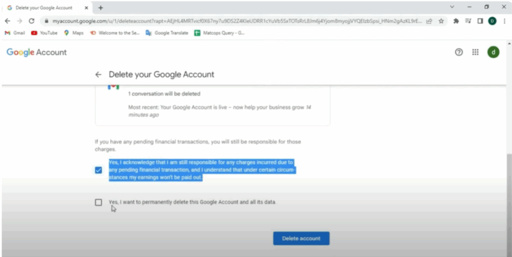 check boxes to confirm and finally click on Delete Account