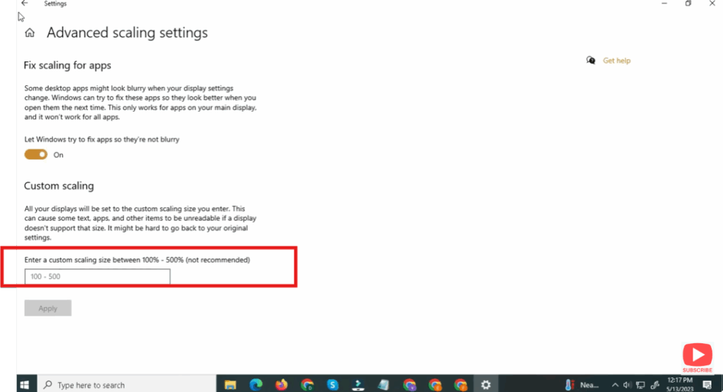 Change a Smaller or Custom Scaling Value