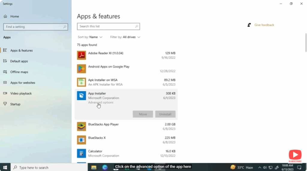 Click on the advanced option of the app here