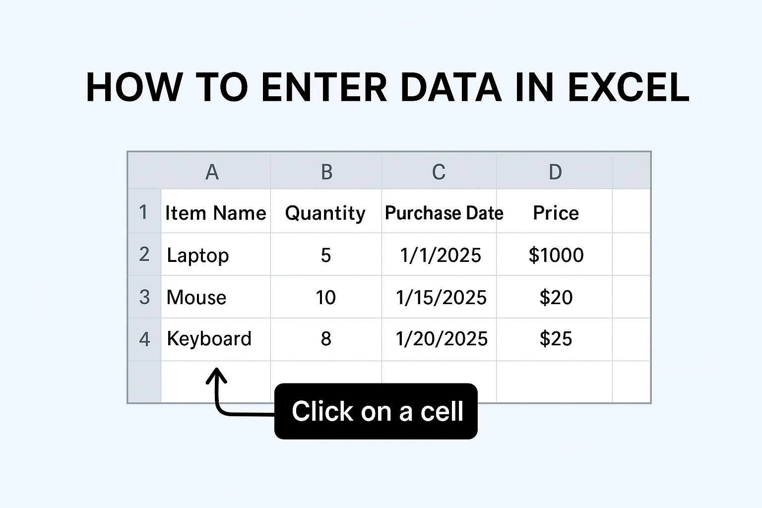 Enter Data in excel