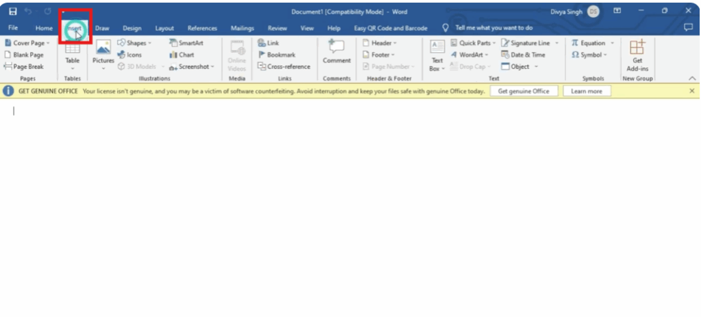 Go to the Insert Tab