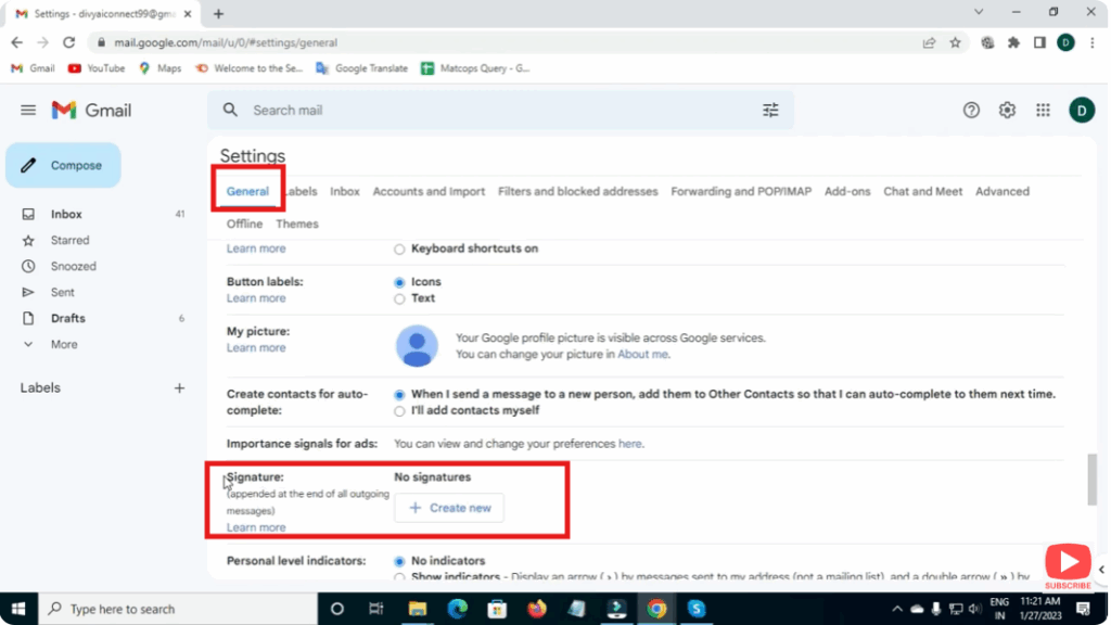 In the General tab, scroll down to the Signature section