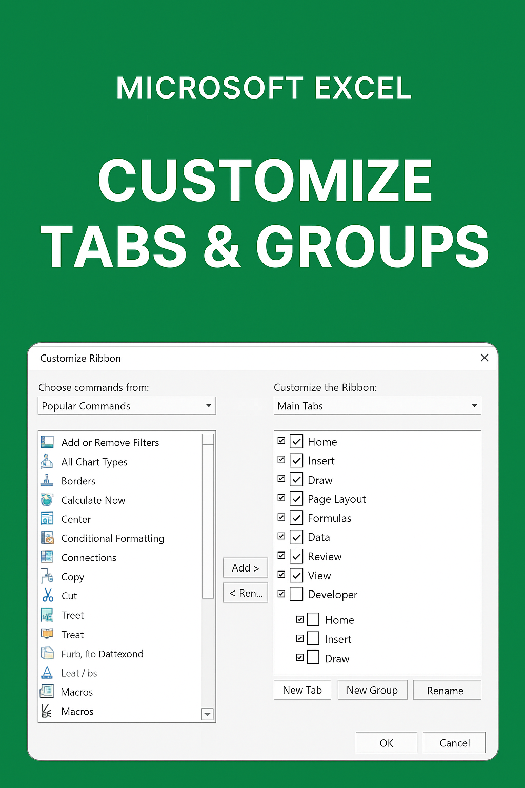 Microsoft Excel customize Tabs & Groups 2