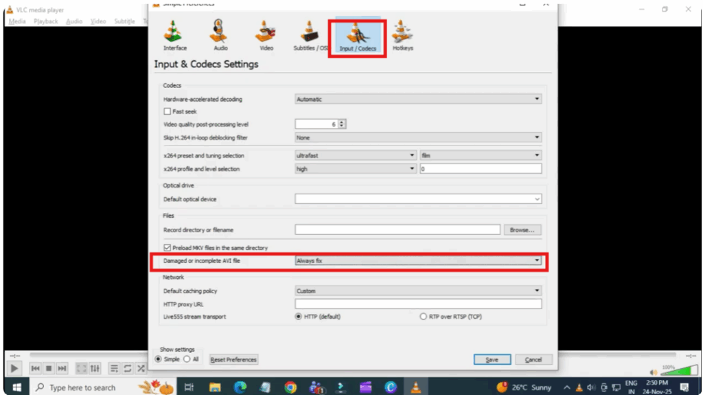 Repairing the File Using VLC