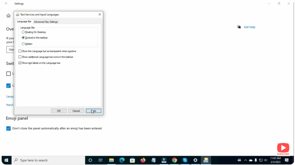 Show text labels on the Language bar