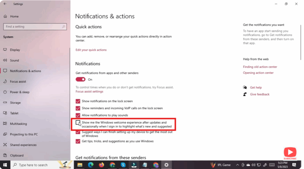 Show the Windows welcome experience after updates and occasionally when I sign in