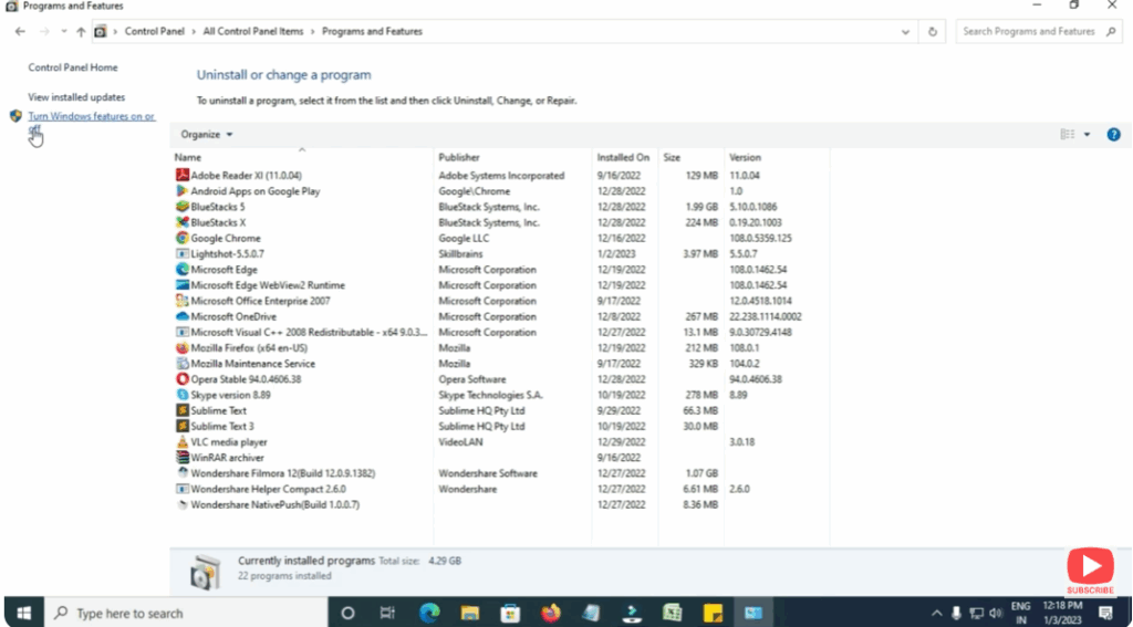 Turn Windows features on or off