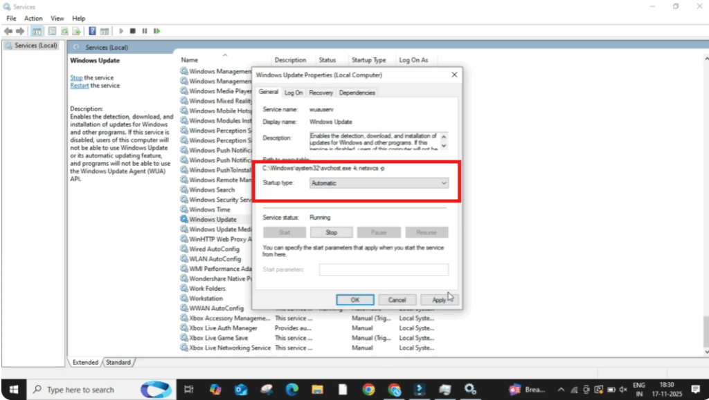 change the Startup type to Automatic