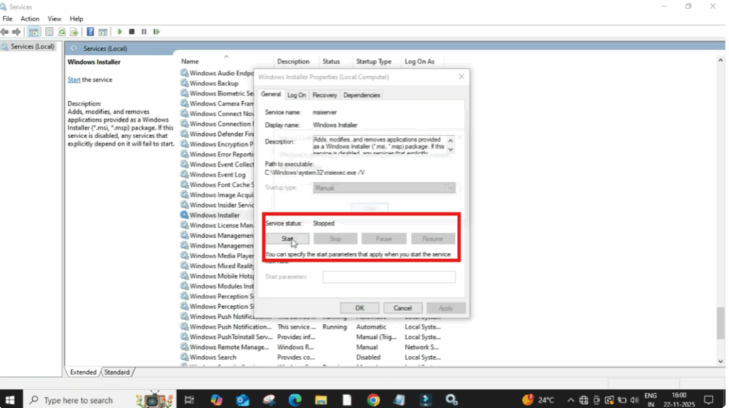 click on start again to restart the installer system properly