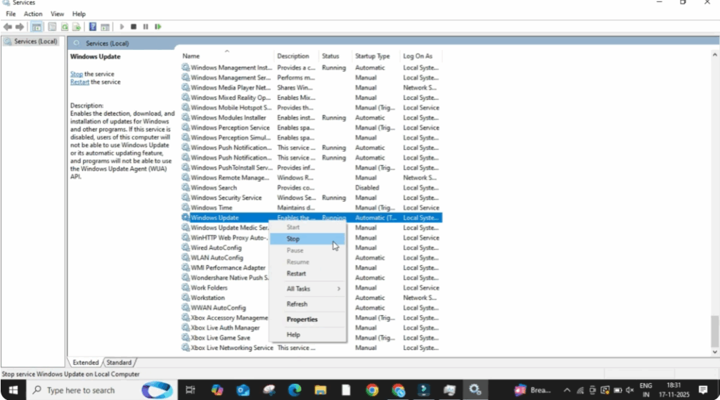 right click on Windows Update again and select Stop