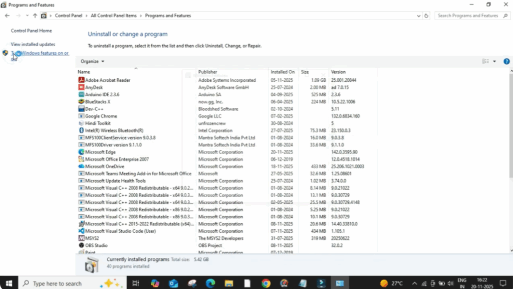 turn windows features on or off
