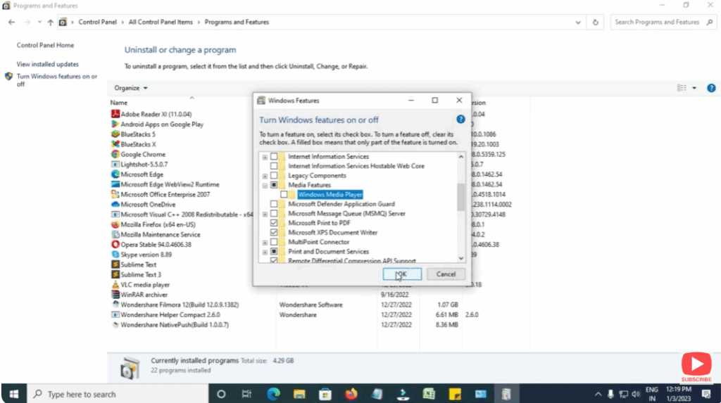 uncheck Windows Media Player
