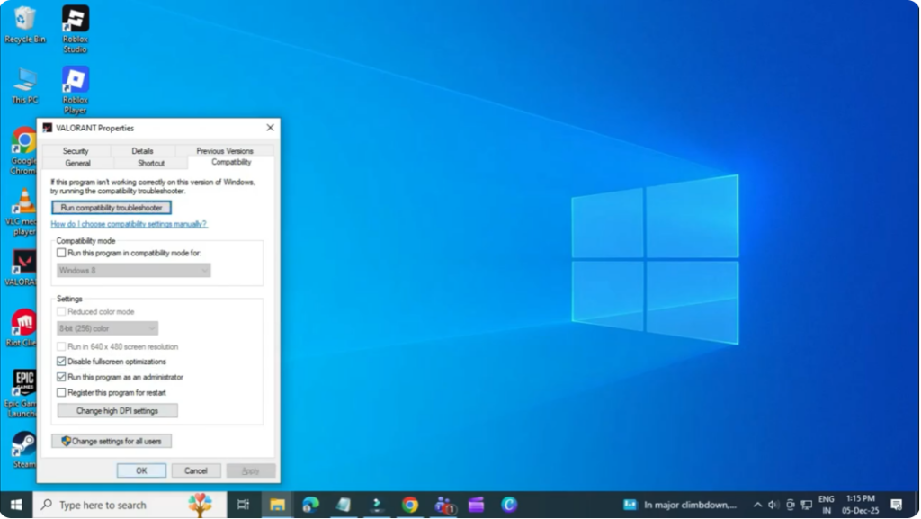 Adjust Valorant Compatibility Settings