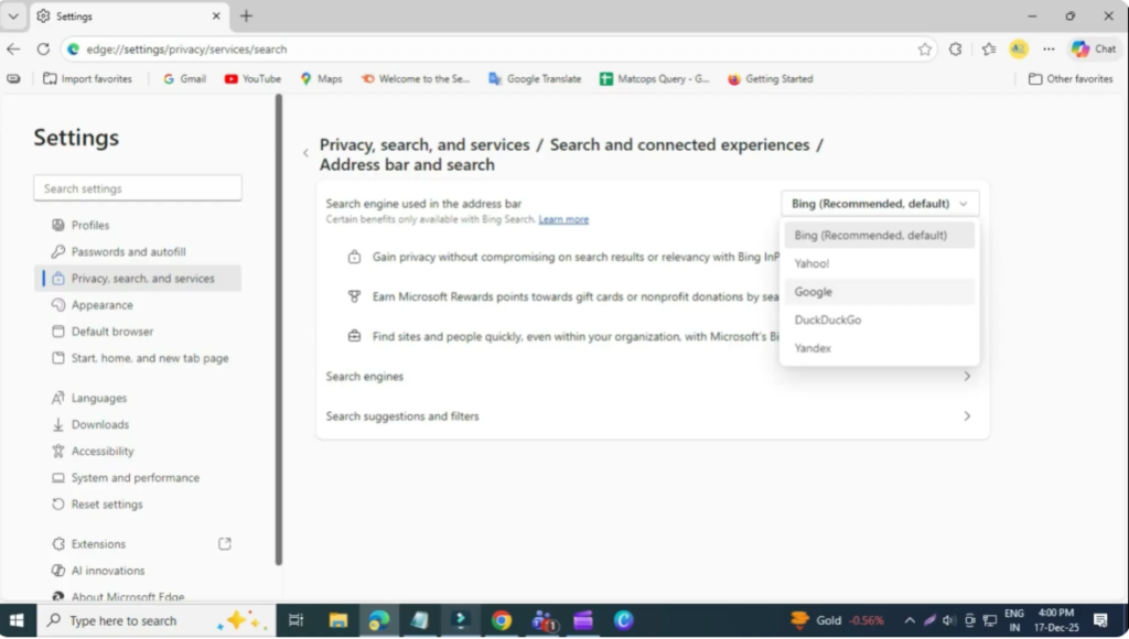Change Bing Settings in Microsoft Edge