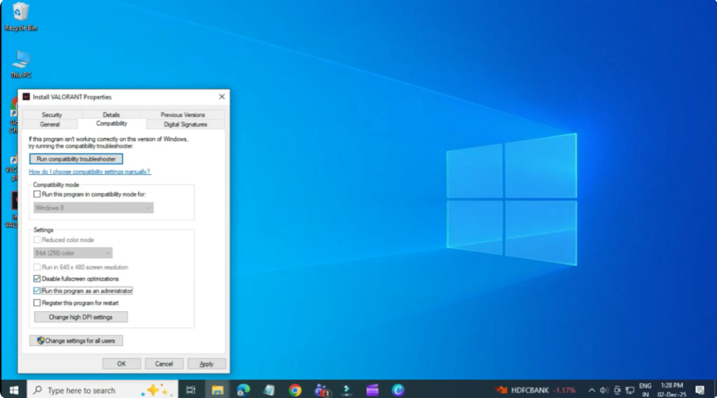 Change Valerant Compatibility Settings