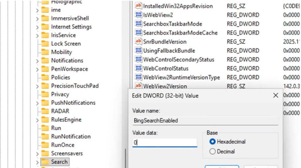 Disable Bing Search Using Registry Editor