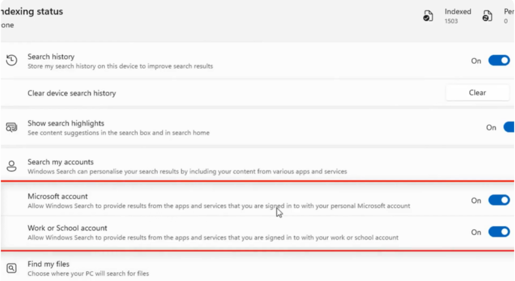 Disable Bing Web Search in Windows Settings