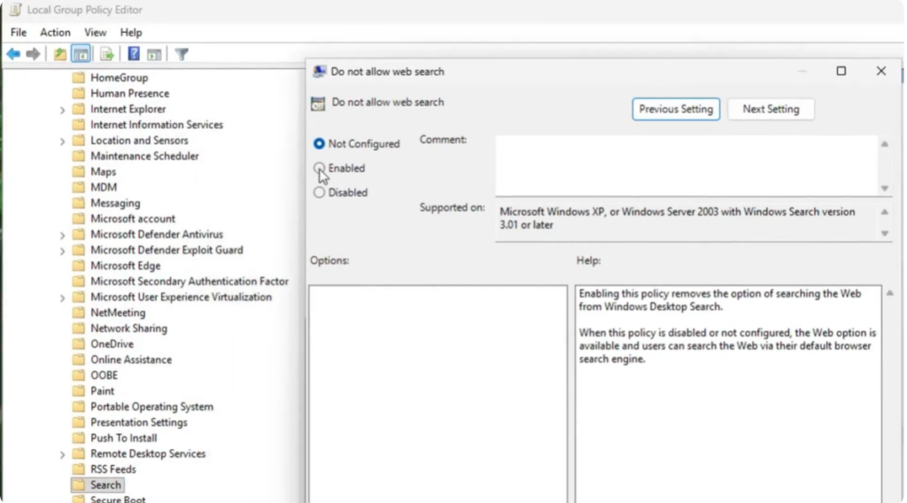 Disable Bing via Group Policy Editor