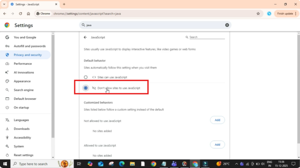 Disable JavaScript in Chrome
