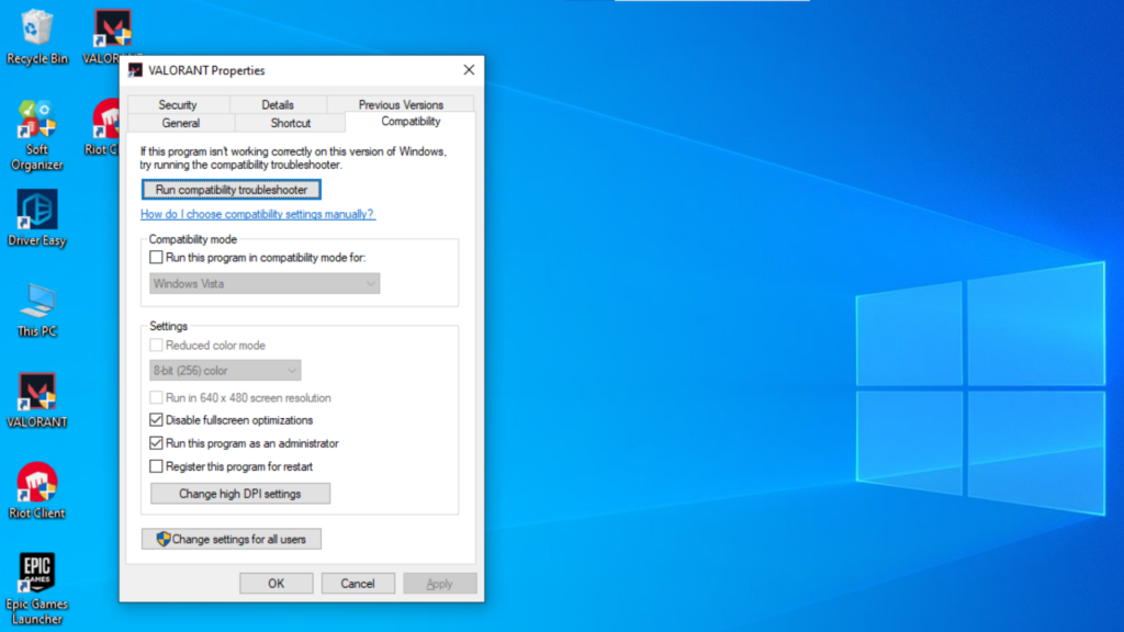 Change Compatibility Settings for Valorant