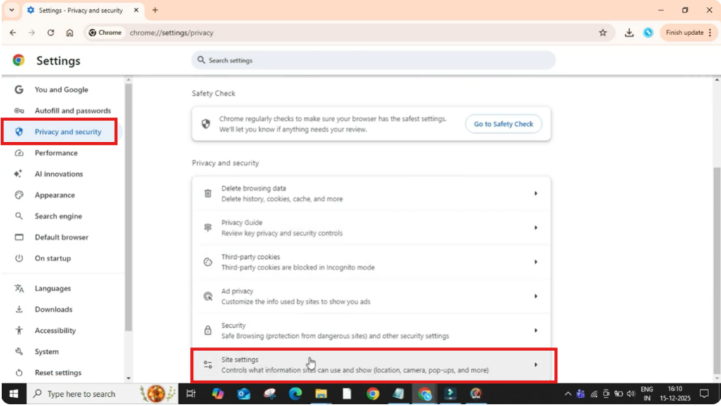 Go to Privacy and Security
