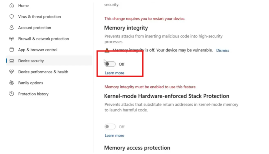 Memory Integrity is turned off