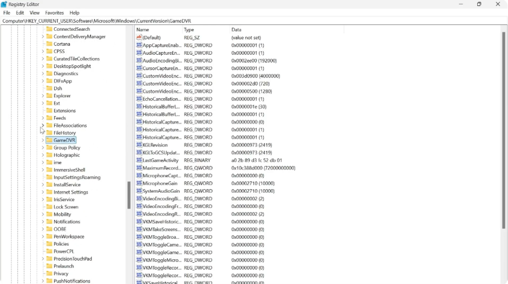 Navigate to the Game DVR Registry Path