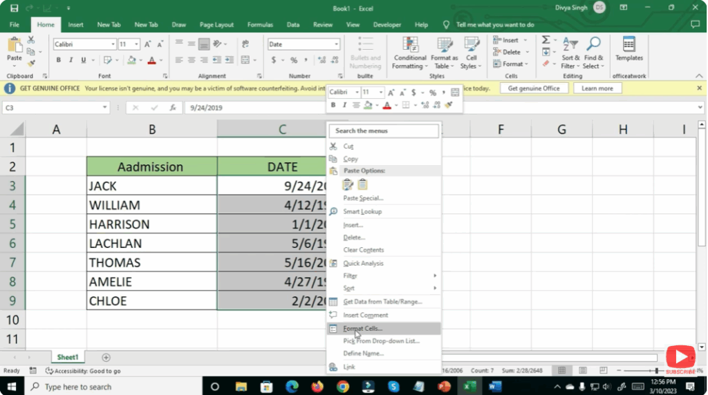 Open the Format Cells Menu