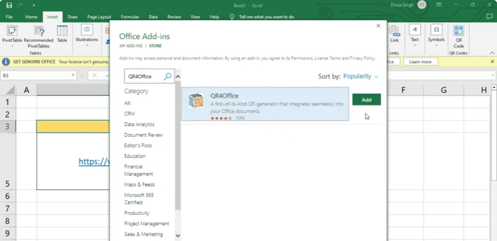 QR4Office” → Add it to Excel