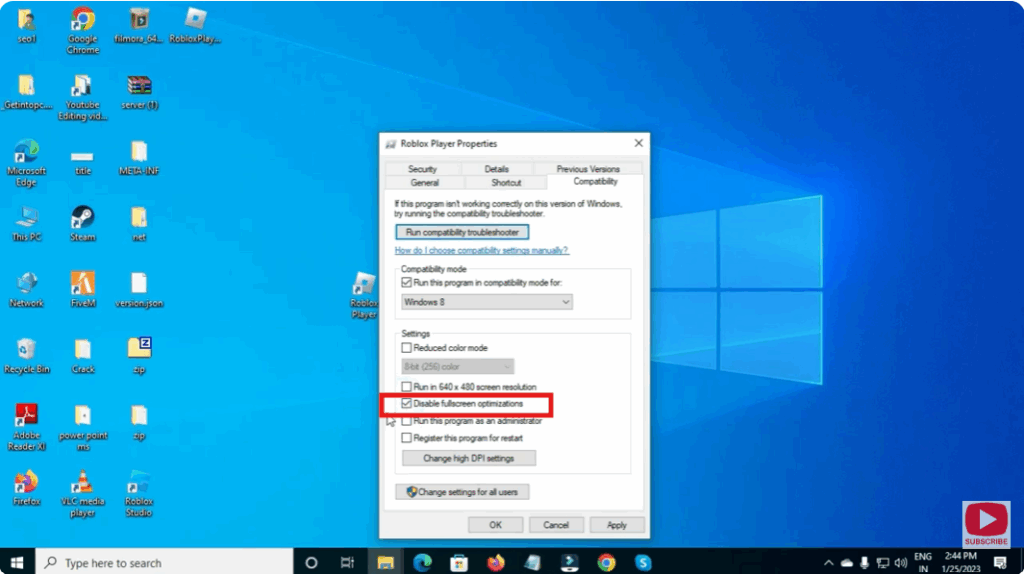 Run Roblox as Administrator & Disable Full-Screen Optimization