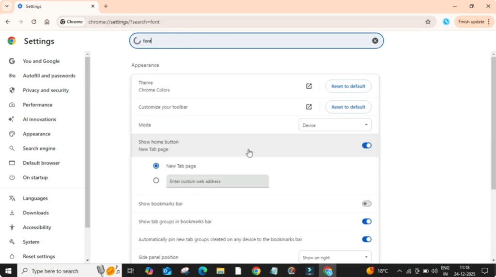 Search for Font Settings